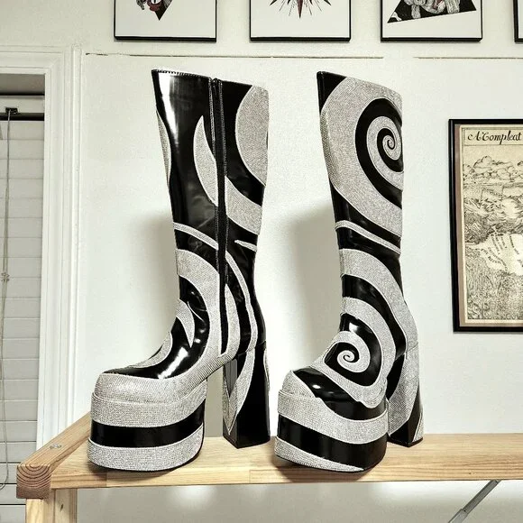 Dolls Kill black and silver rhinestone swirly platform boots - Picture 1 of 2